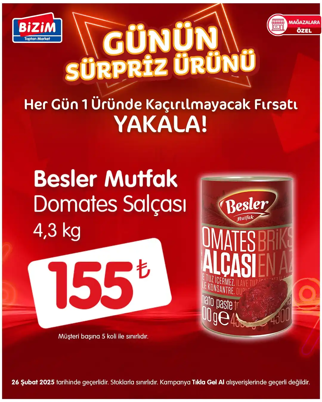 Image from Bizim Toptan Satış Mağazaları: Günün sürpriz ürünü sahnede!🥳🎁 Bugüne özel Besler Domates Salçası 4,...