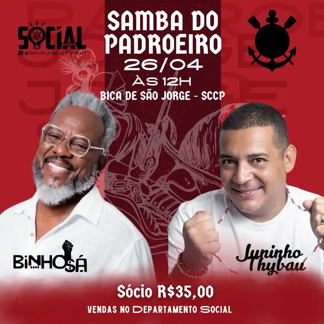 Image from Corinthians | Parque São Jorge : 🎶🔥 *Vem aí o Samba do Padroeiro!*🔥🎶 🗓 Dia 26/04 ⏰ A partir das 1...