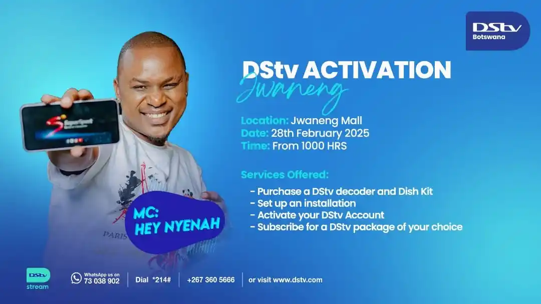Image from DStv Botswana: Hey Nyenah! Pone tseo Jwaneng! Kaosane re within your area. Feta ka Jw...