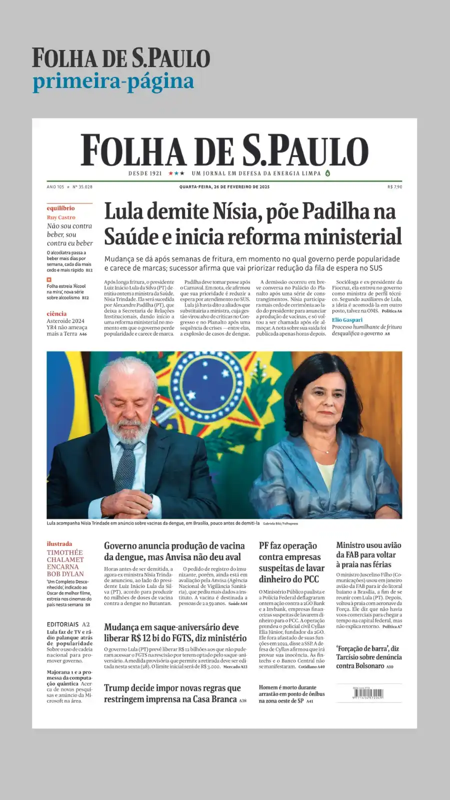 Image from Folha de S. Paulo | Notícias de hoje do Brasil e do mundo: 🗞 Veja a capa da *folha* desta quarta-feira (26). 📲 Leia a edição di...