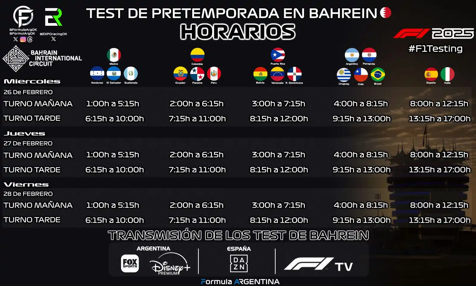 Image from FormulaArg: 🇧🇭 | HORARIOS Y TRANSMISIÓN DE LOS TEST DE PRETEMPORADA 2025 Disney...