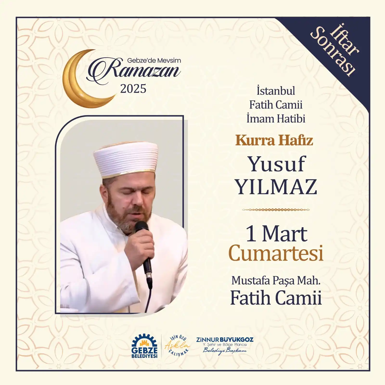Image from Gebze Belediyesi: Bu akşam, Saat 20.00'de, İstanbul Fatih Camii İmam Hatibi Kurra Hafız ...