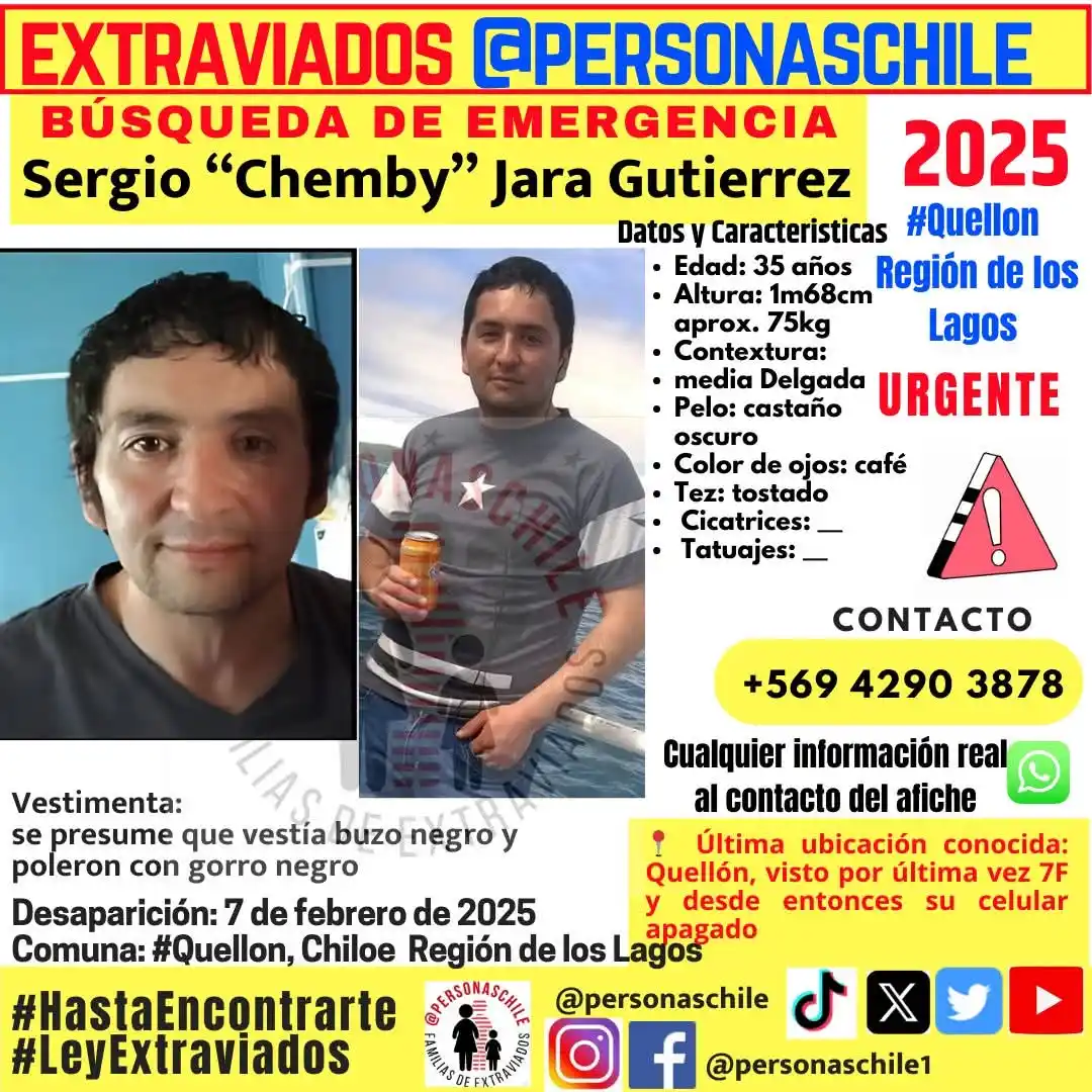 Image from IEC-CHILE: 📢 *¡URGENTE! BÚSQUEDA DE SERGIO “CHEMBY” JARA GUTIÉRREZ*📢 Se solicit...