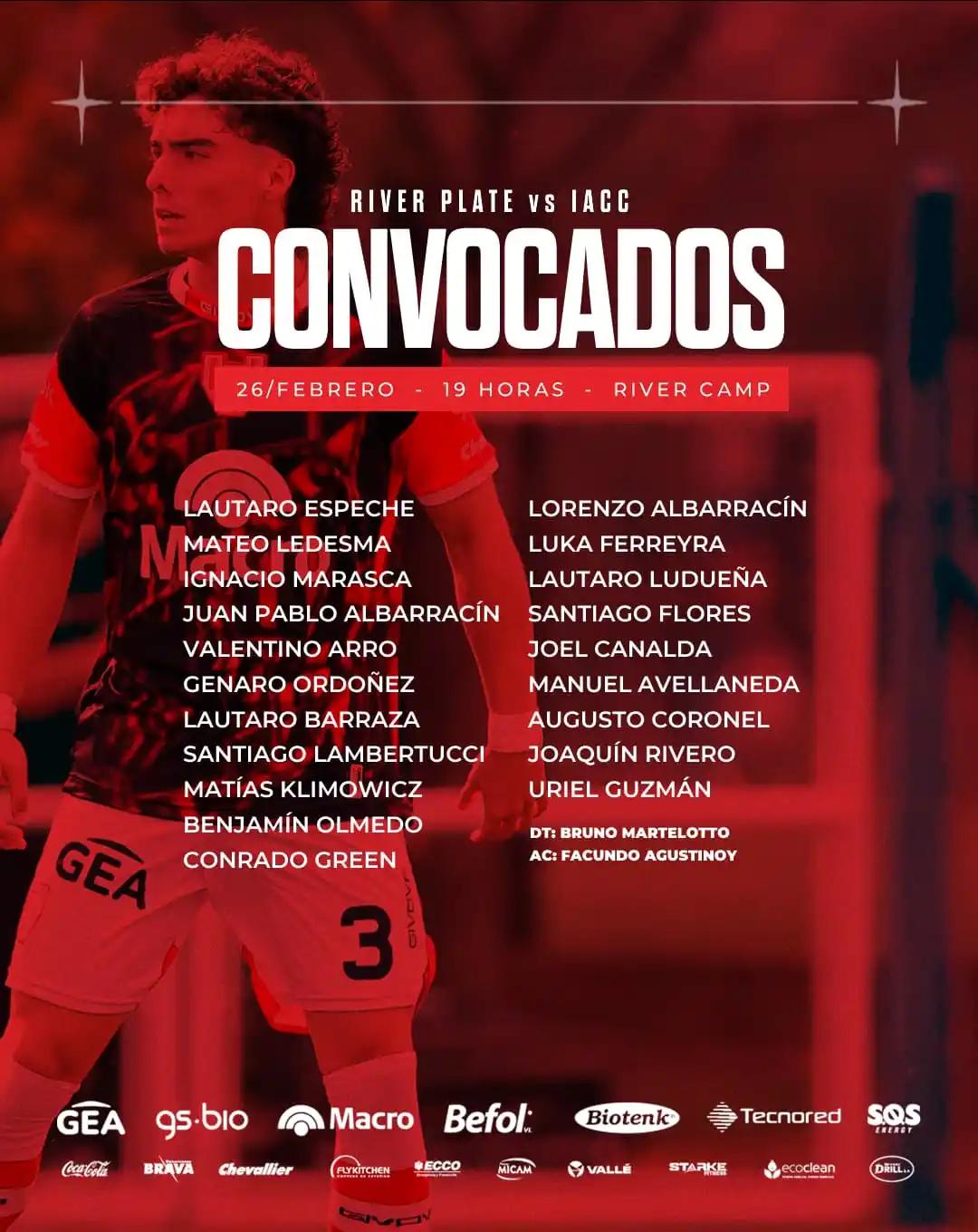 Image from Instituto ACC: 📋 Los 𝗰𝗶𝘁𝗮𝗱𝗼𝘀 por el DT Bruno Martelotto para visitar a River ...