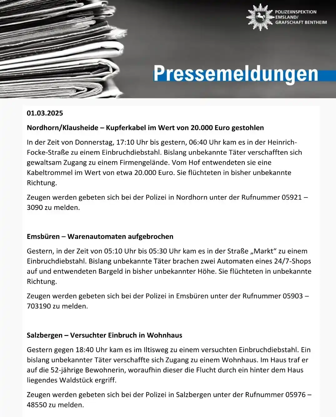Image from Polizei Emsland / Grafschaft Bentheim : Die Meldungen für heute👮👮♀❗ Übrigens: Ab heute werden neue Versic...