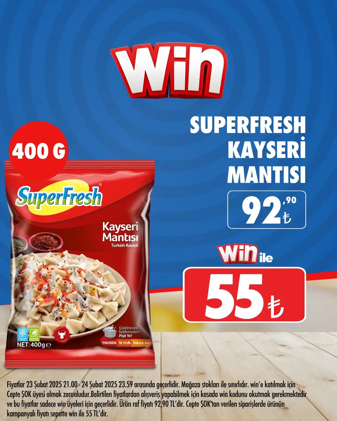 Image from Şok Marketler: win’li Ol Kazan! 🤩  Bugün SuperFresh Kayseri Mantısı 400 G 92,90₺ yer...