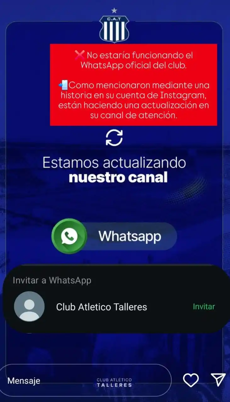 Image from 🔵⚪️ 𝗧𝗢𝗗𝗢 𝗧𝗔𝗟𝗟𝗘𝗥𝗘𝗦 🔵⚪️: ❌ No estaría funcionando el WhatsApp oficial del club. 📲Como mencion...