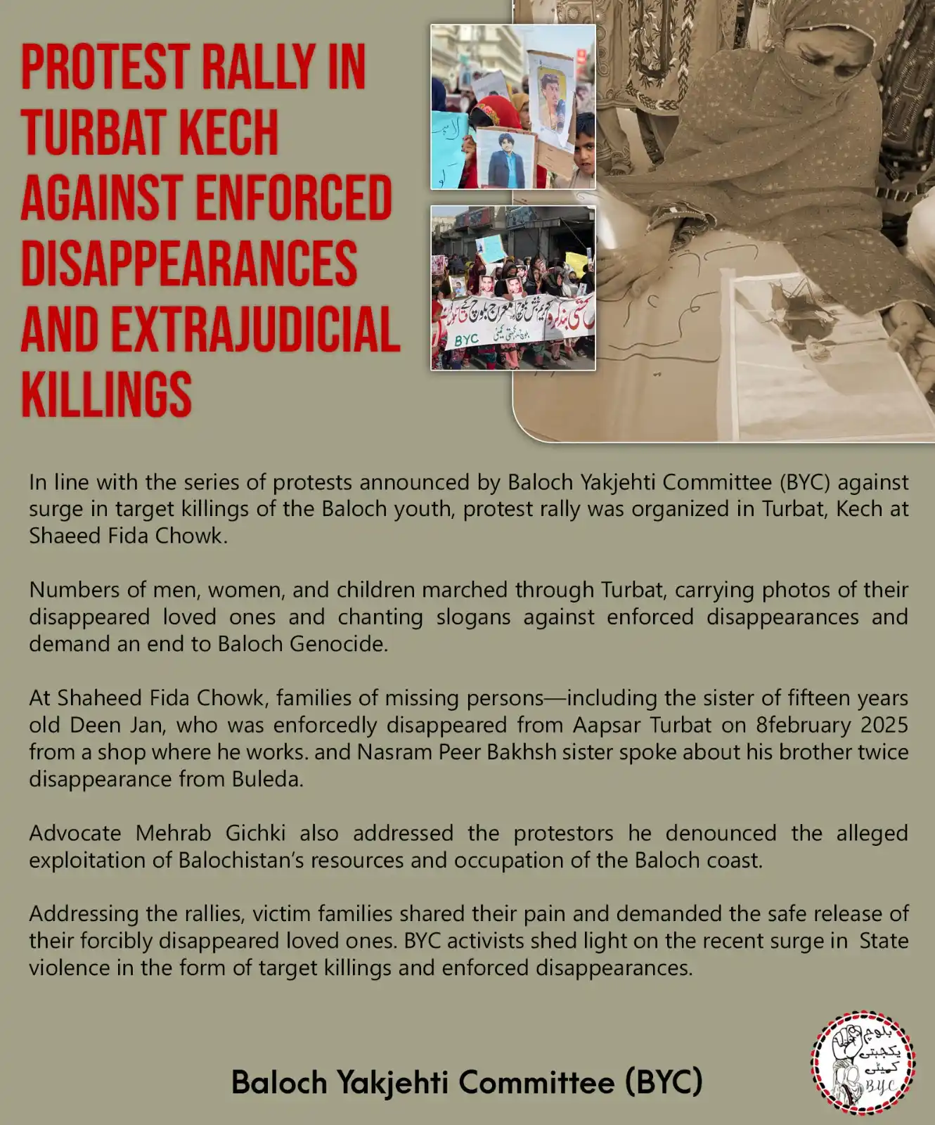 Image from Baloch Yakjehti Committee (BYC): Protest Rally in Turbat Kech Against Enforced Disappearances and Extra...