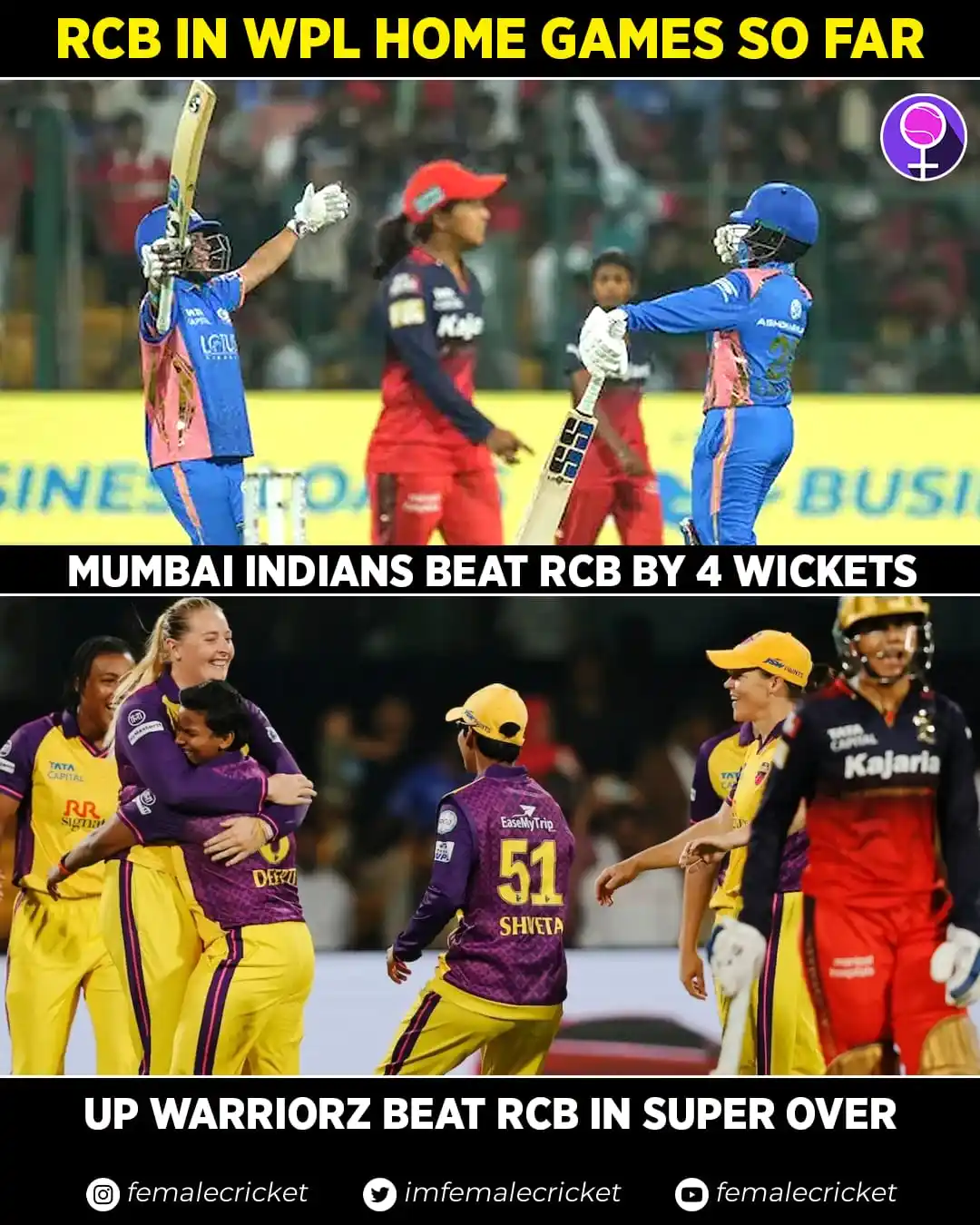 Image from Female Cricket: RCB's First Home Win Loading? ⏳ After heartbreaks against MI & UPW, c...