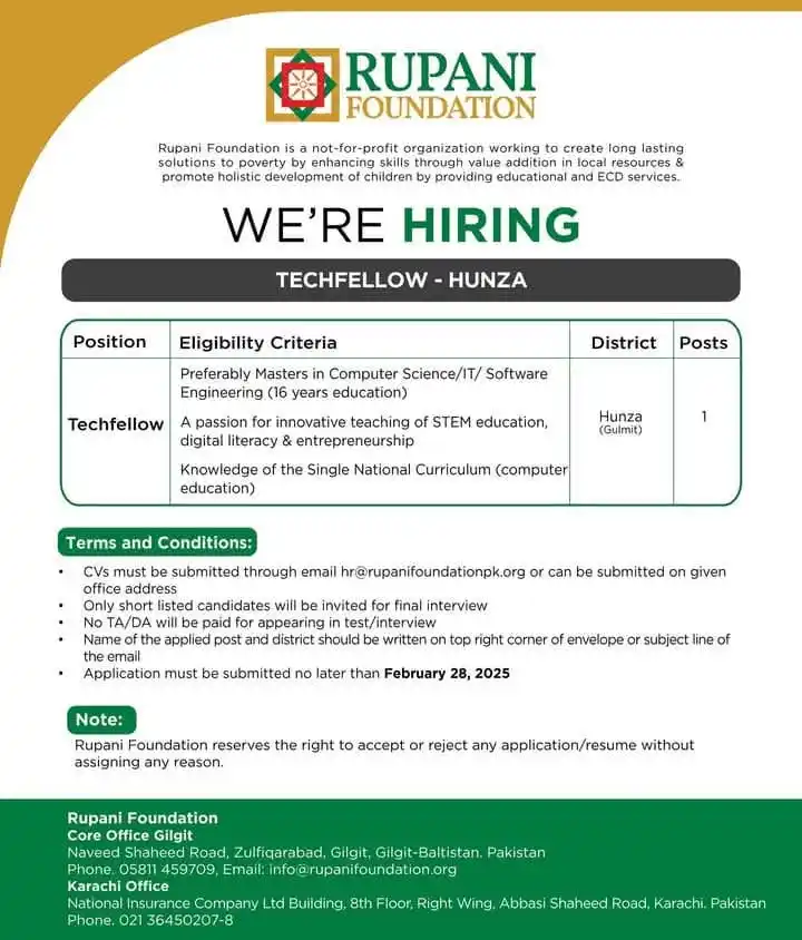 Image from Gilgit-Baltistan Career Forum: The Rupani Foundation is hiring a "Tech Fellow" for District Hunza. <...