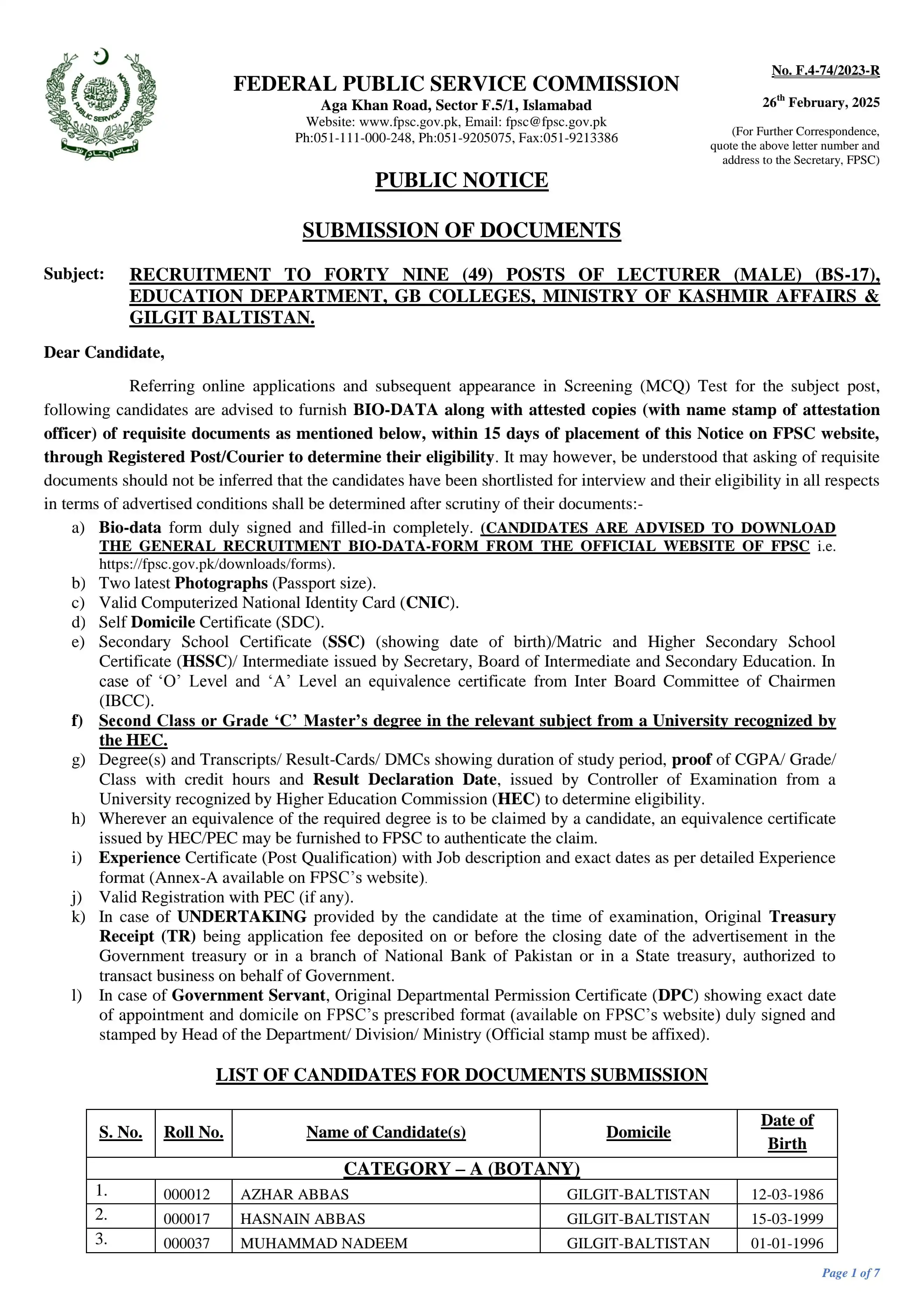 Image from Gilgit-Baltistan Career Forum: Federal Public Service Commission FPSC has called for document submi...