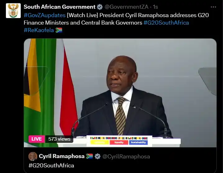 Image from governmentza: [Watch Live] President Cyril Ramaphosa addresses G20 Finance Ministers...