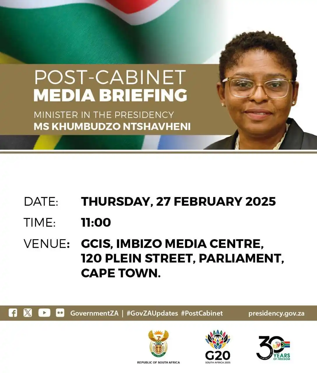 Image from governmentza: *Media Briefing today at 11:00*  🚨 REMINDER 🚨 Post-Cabinet media bri...