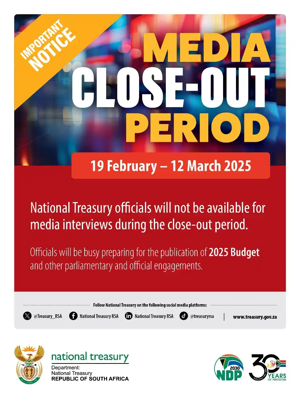 Image from governmentza: *MEDIA CLOSED - OUT PERIOD*  Important notice on <a class="text-blue-5...