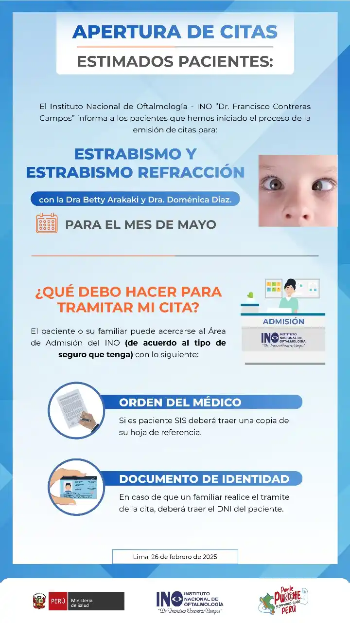 Image from INO - Instituto Nacional de Oftalmología: Comunicado | 👉🏽 Nos complace informarles que las citas para ESTRABIS...