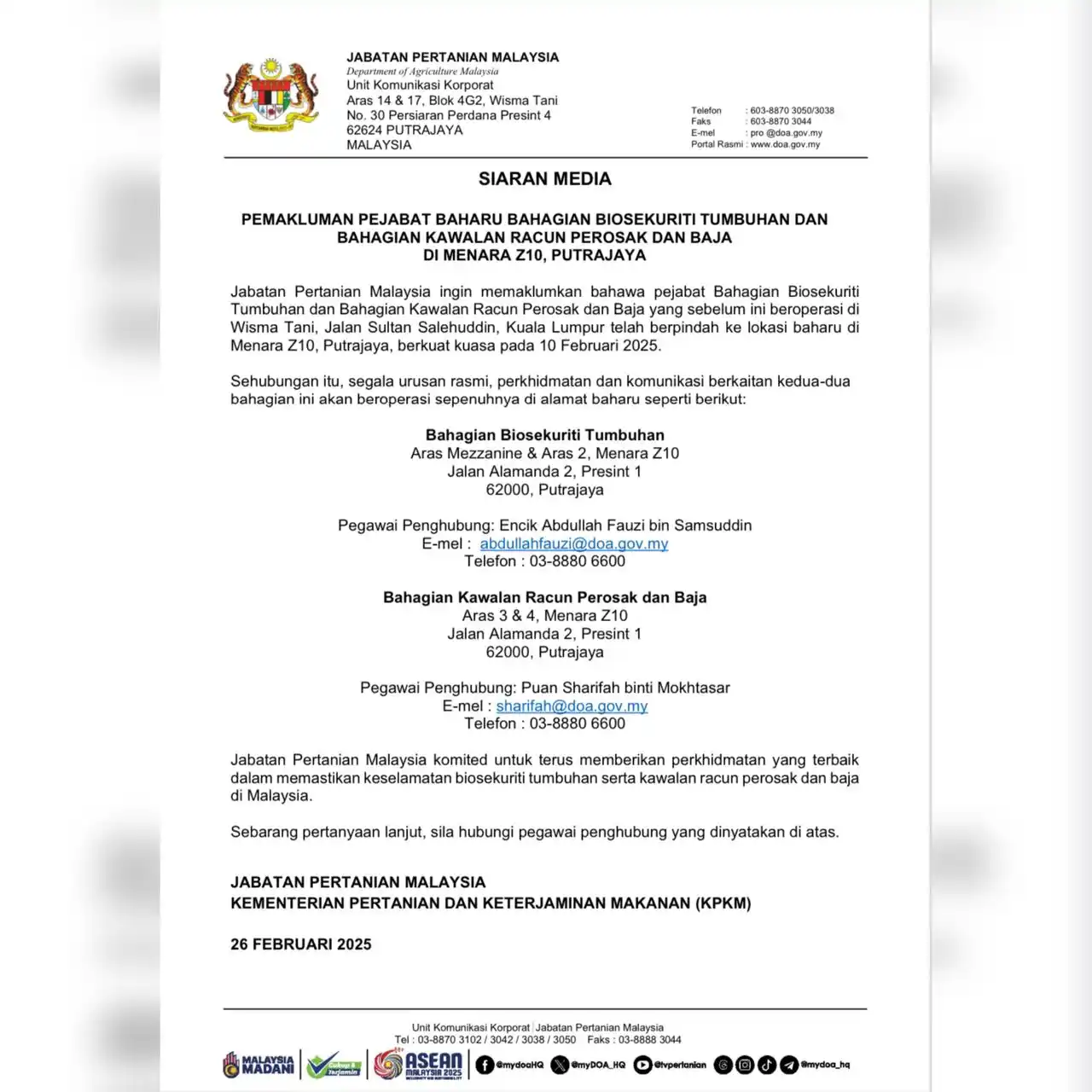 Image from Jabatan Pertanian Malaysia: Pemakluman Pejabat Baharu Bahagian Biosekuriti Tumbuhan dan Bahagian K...