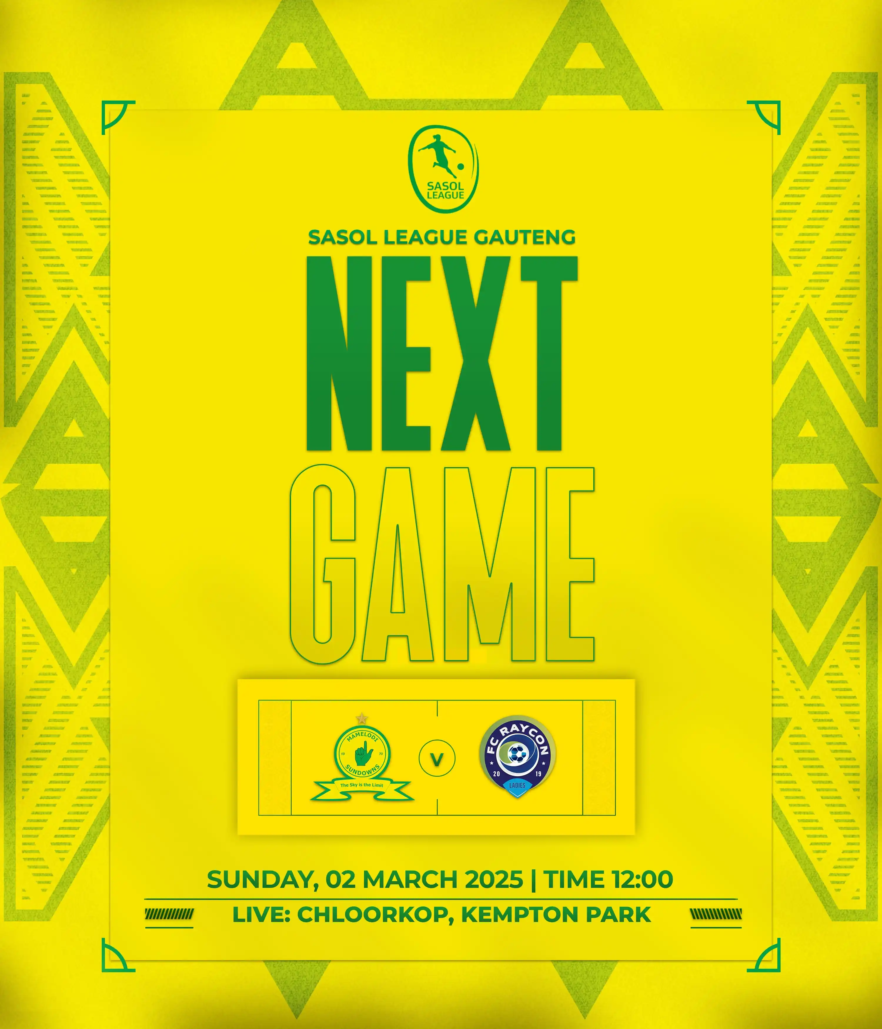 Image from Mamelodi Sundowns Football Club: 🚨SASOL NEXT MATCH🚨 🆚 FC Raycon Ladies ⏰ 12H00 🏟 Chloorkop <a c...
