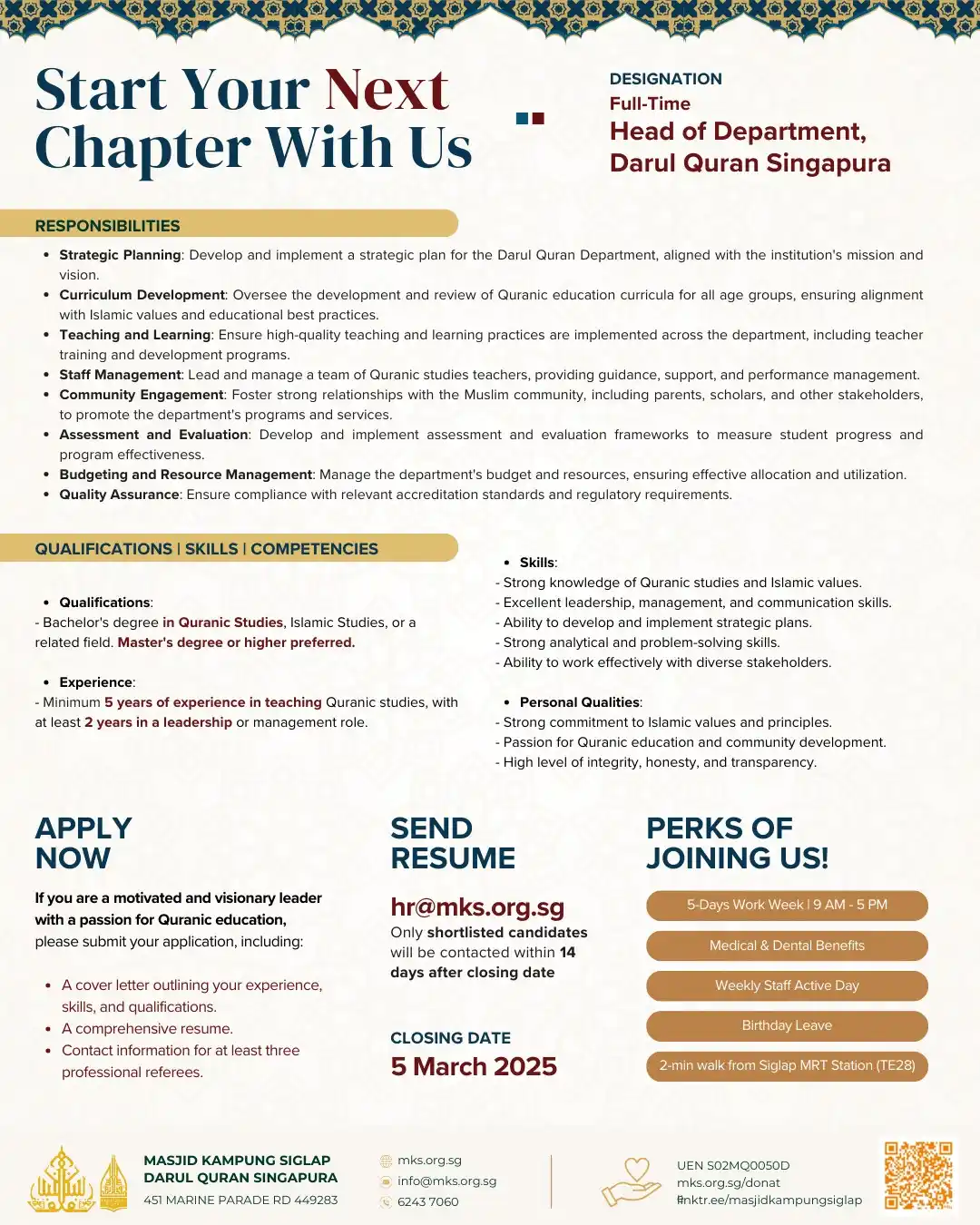 Image from Masjid Kampung Siglap Darul Quran Singapura: 📣 *WE ARE HIRING!* 📣 BUILD YOUR CAREER WITH US IN SERVING THE MOSQU...
