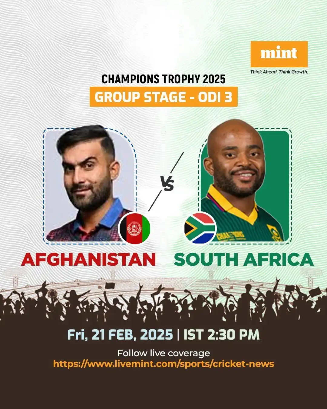 Image from Mint: 🚨 *Afghanistan vs South Africa LIVE SCORE, Champions Trophy2025: Sout...