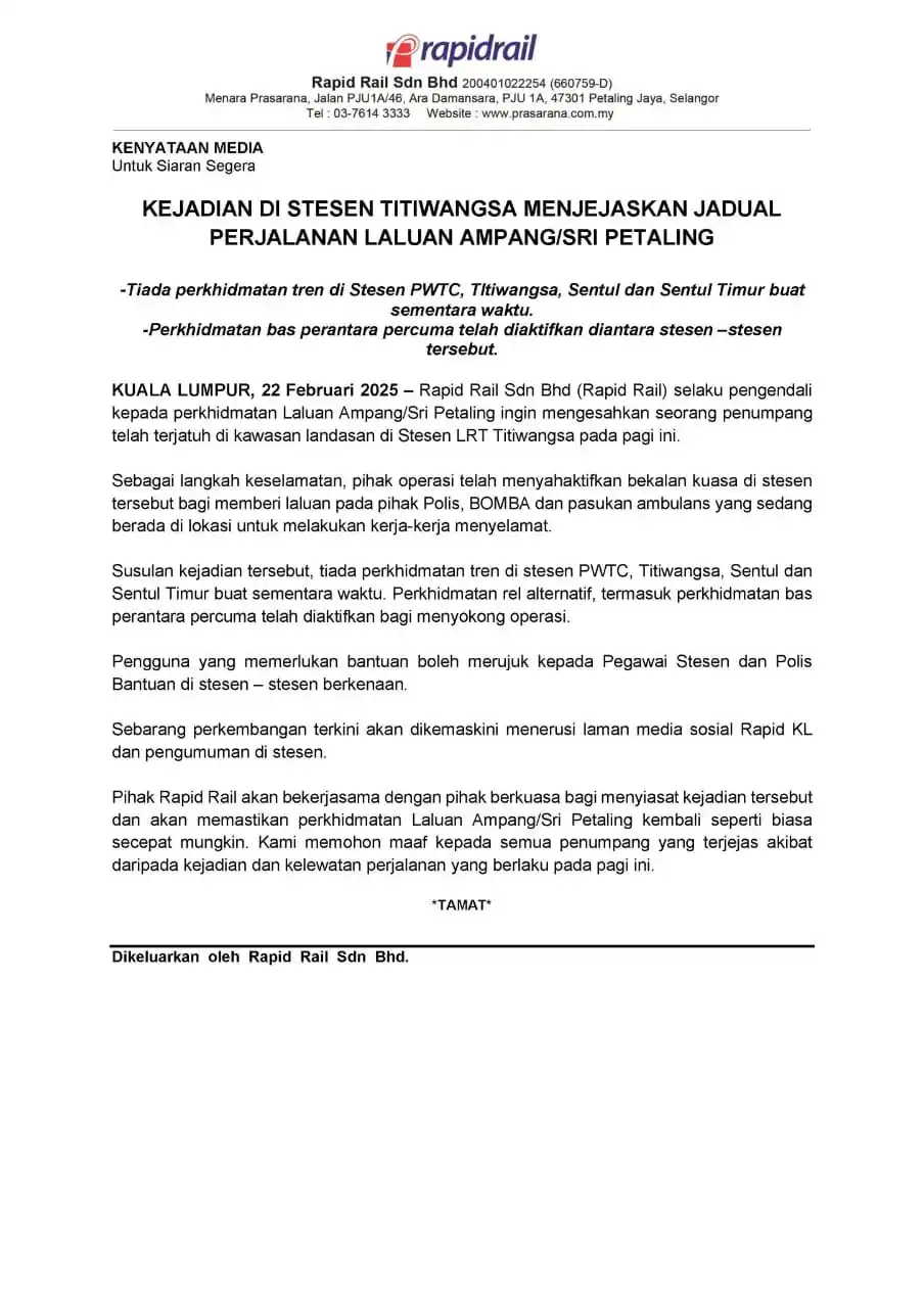 Image from MYNEWSHUB: **Penumpang terjatuh di kawasan landasan di Stesen LRT Titiwangsa ***...