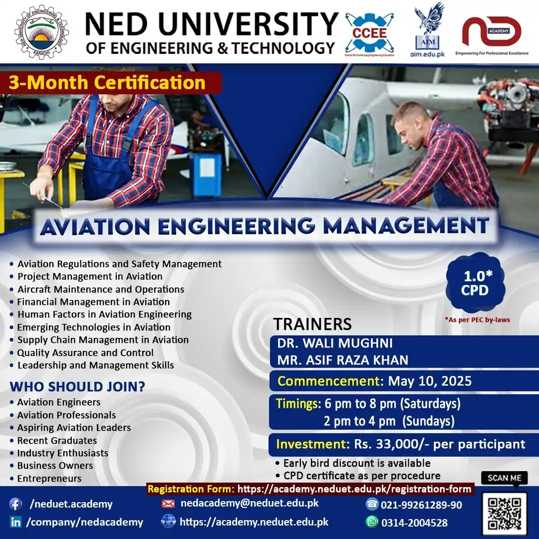 Image from NED ACADEMY (Official) - NED University of Engineering & Technology, Karachi: Master Aviation Engineering Management with NED Academy!  👉 *Register...