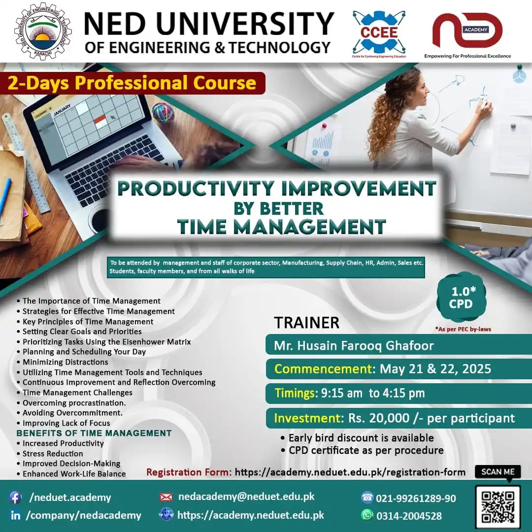 Image from NED ACADEMY - NEDUET (OFFICIAL): Productivity Improvement Through Better Time Management Offered by NED...