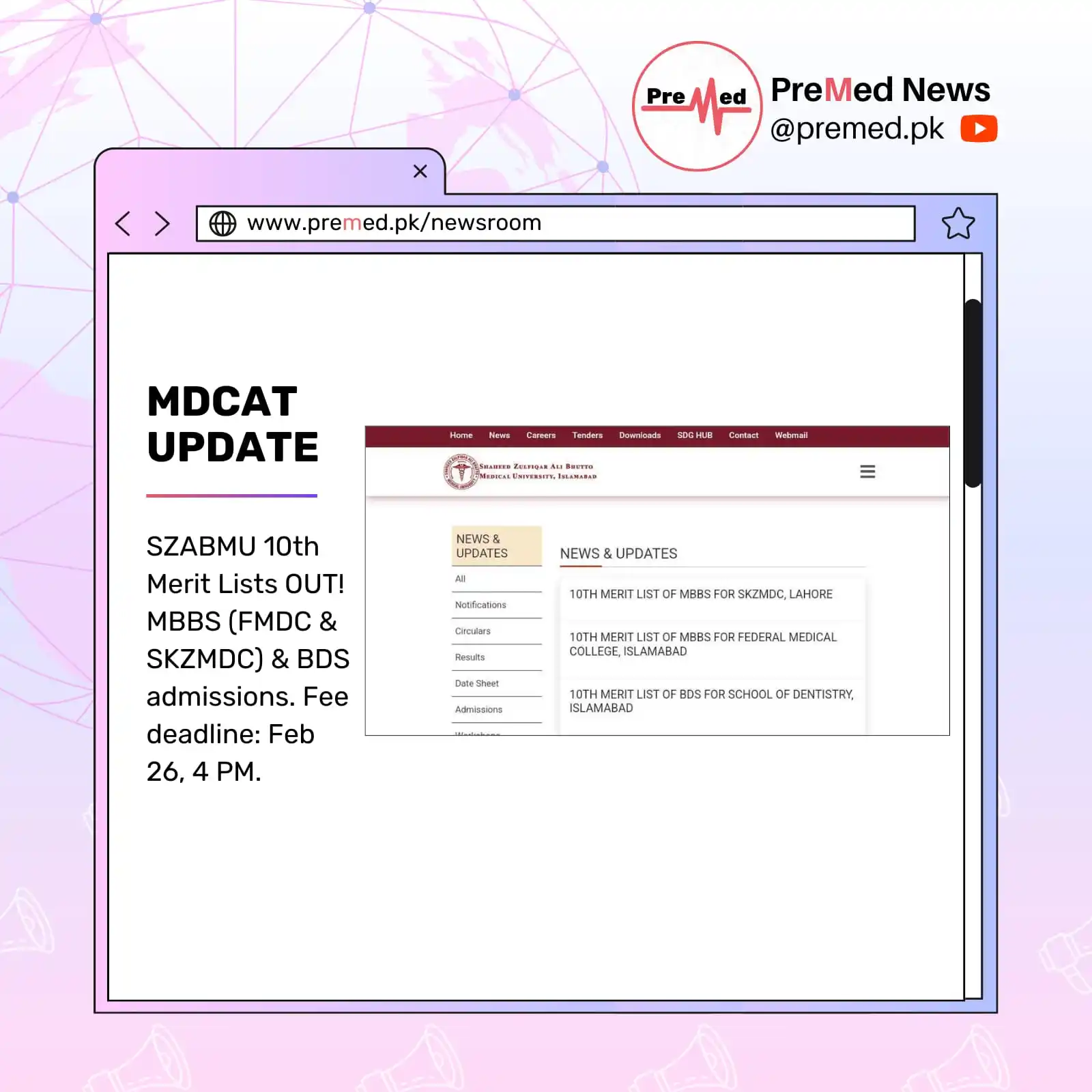 Image from PreMed.PK MDCAT Updates & News: *SZABMU, Islamabad has released 10th merit lists for FMDC, Islamabad &...