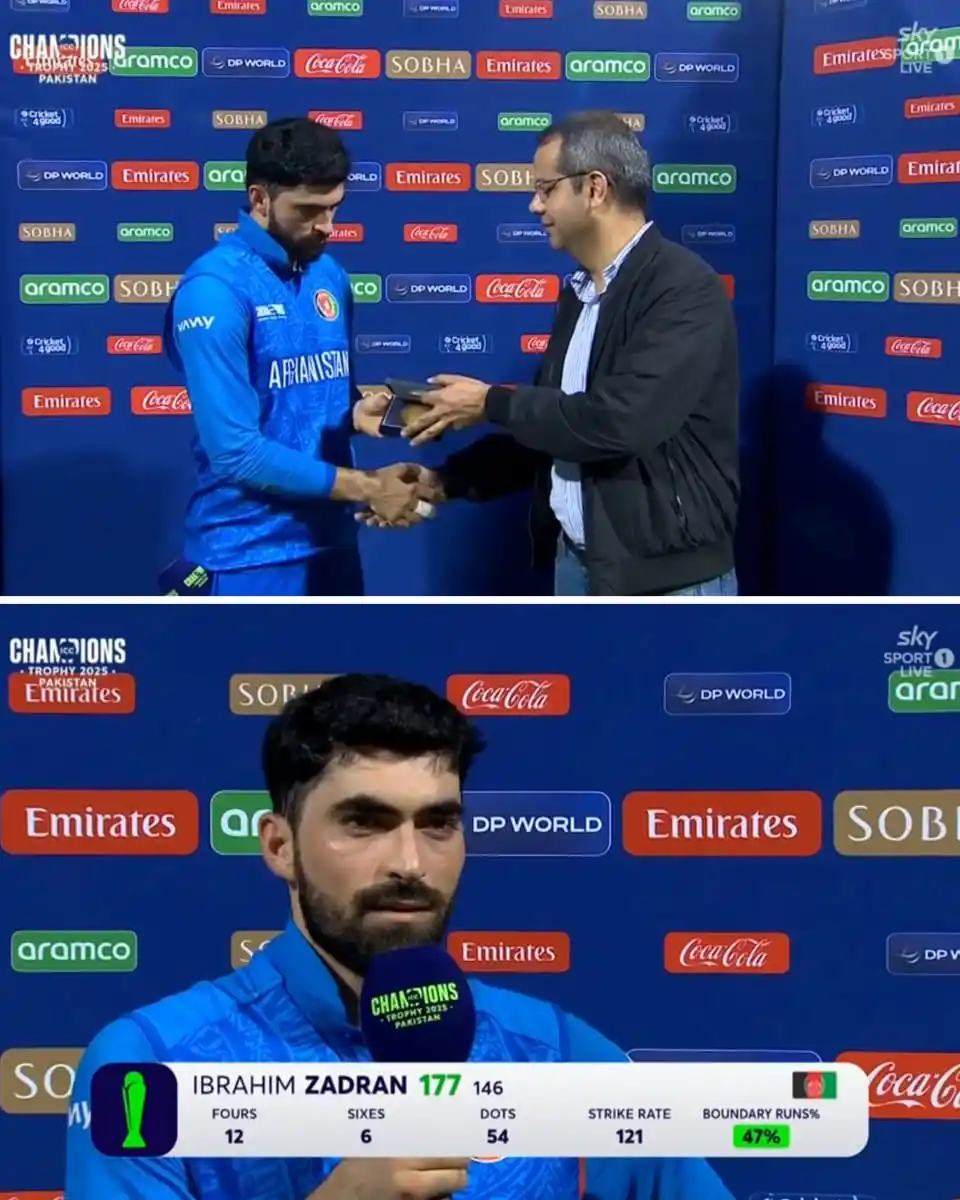 Image from PTV Cricket News: PLAYER OF THE MATCH - IBRAHIM ZADRAN! 🏅👏 <a class="text-blue-500 hov...