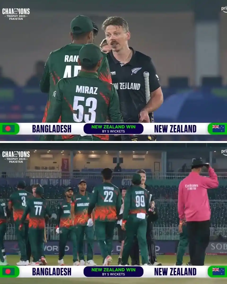 Image from PTV Cricket News: نیوزی لینڈ نے بنگلہ دیش کو 5 وکٹوں سے شکست دے کر چیمپئنز ٹرافی 2025 کے...