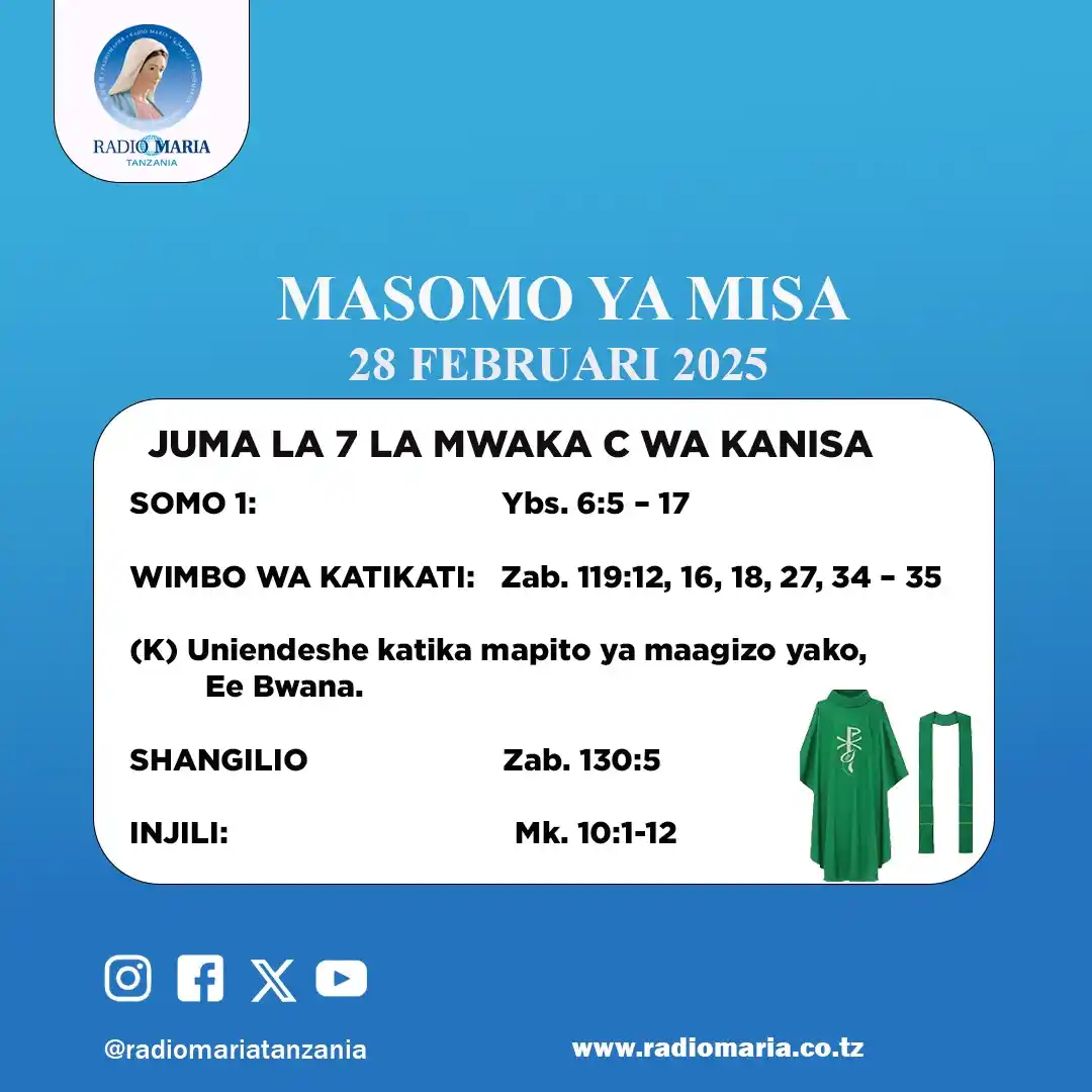 Image from Radio Maria Tanzania: MASOMO YA MISA, FEBRUARI 28, 2025 IJUMAA, JUMA LA 7 LA MWAKA C WA KANI...