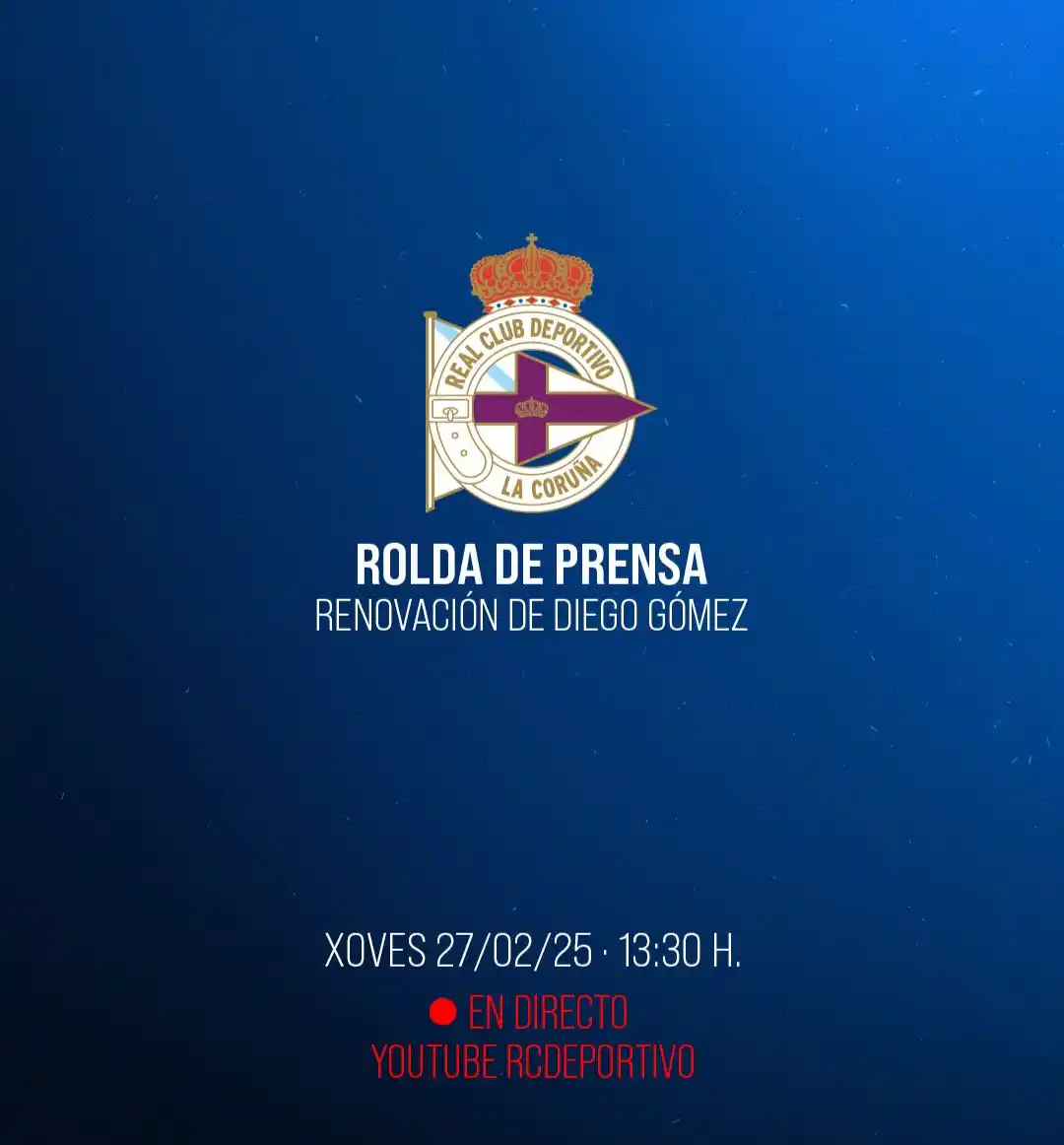 Image from RCDeportivo: 🚨EN DIRECTO🚨 🗣️ Rolda de prensa de Diego Gómez. ⏰ 13:30h. 📍 <a cl...