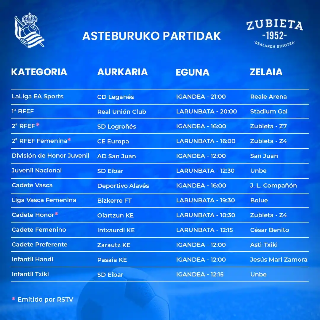 Image from Real Sociedad: 📋⚽️ *Asteburuko partiden zerrenda!* 🎥 Zuzenean: linktr.ee/RSTV.Zub...