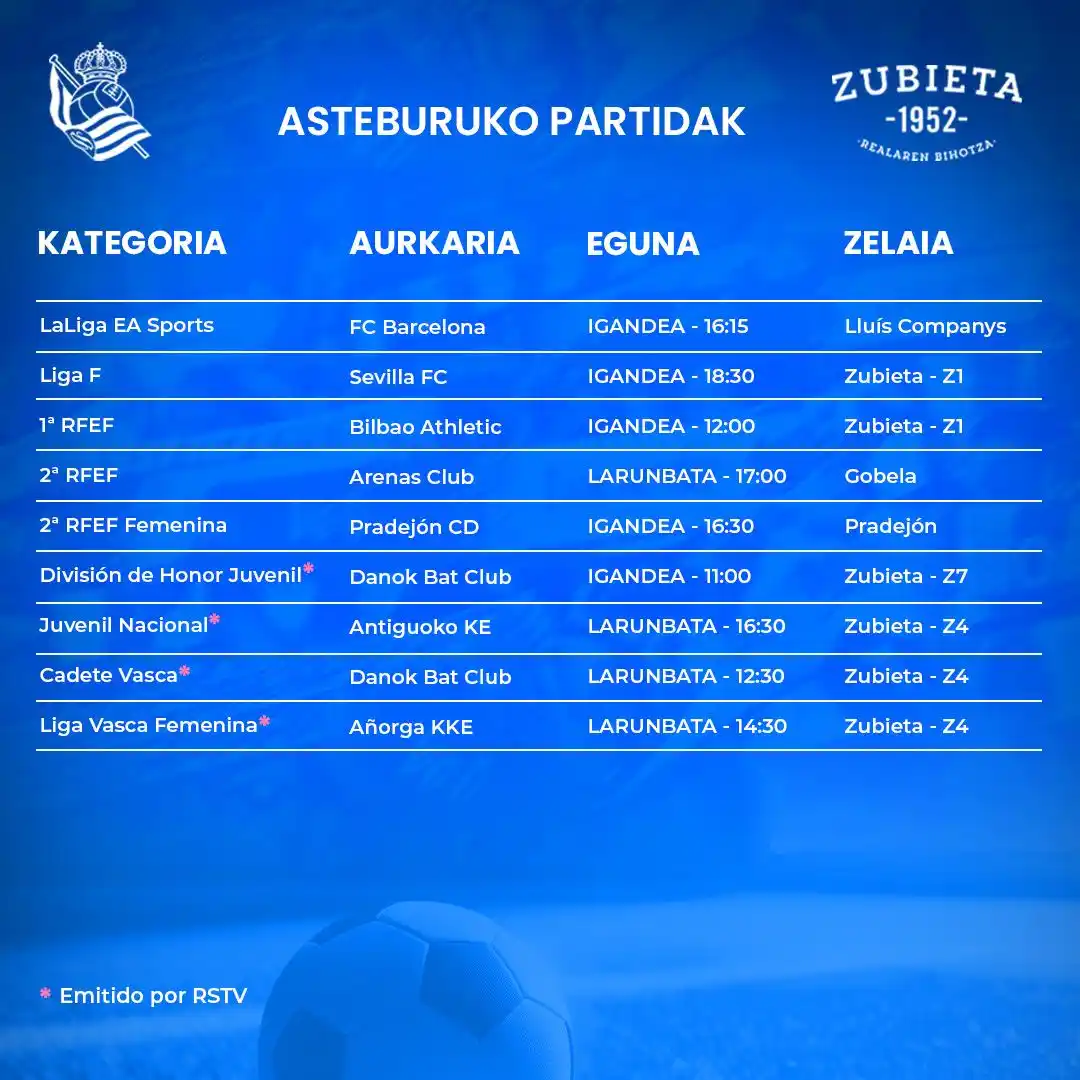 Image from Real Sociedad: 📋 *Asteburuko partiden zerrenda!* 🎥 Zuzenean: _linktr.ee/RSTV.Zubi...