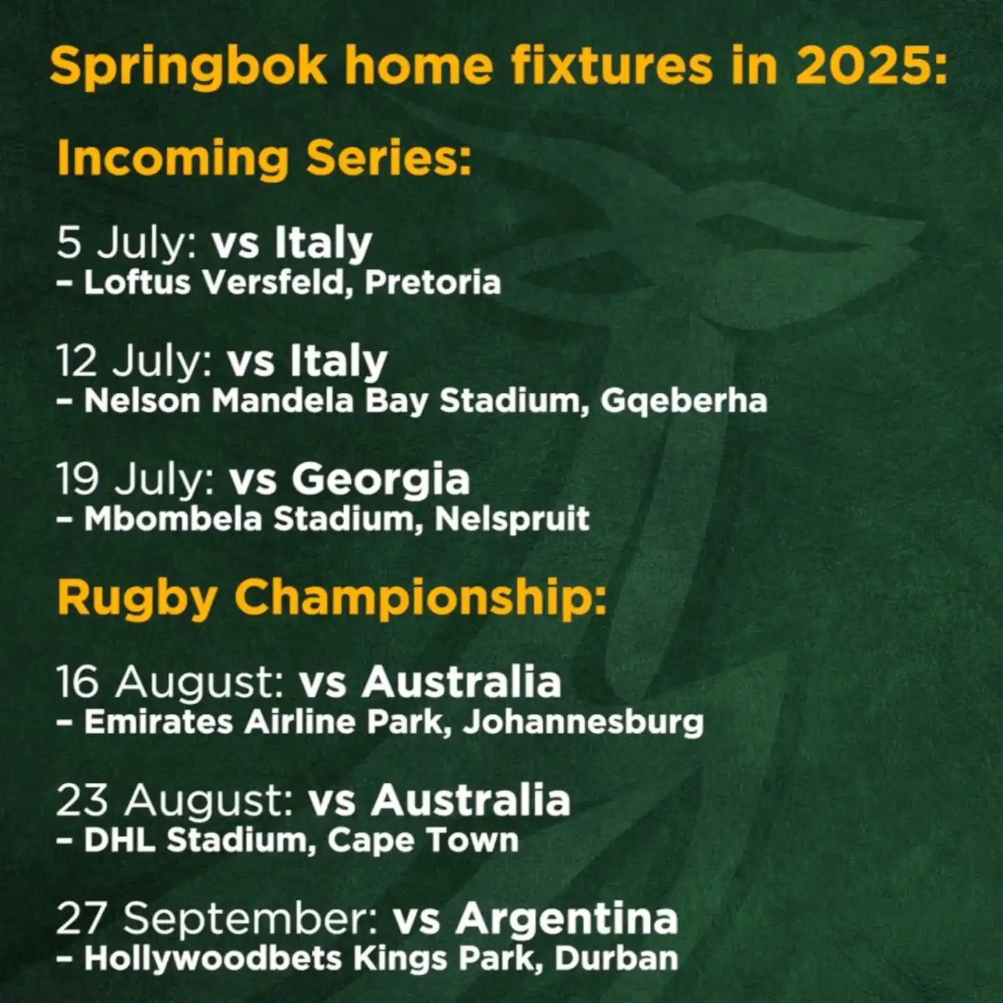 Image from SA Rugby Magazine: The Springboks' home fixtures for 2025...