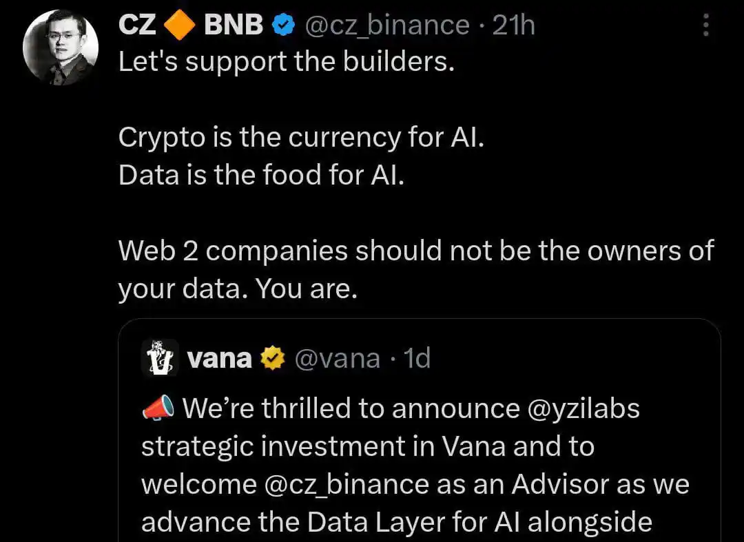 Image from Solution DAO: *JUST IN:* Yzilabs has made a strategic investment in Vana, with CZ jo...