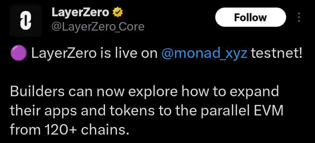 Image from Solution DAO: *RECENTLY:* LayerZero has announced launch on the Monad's testnet, ena...