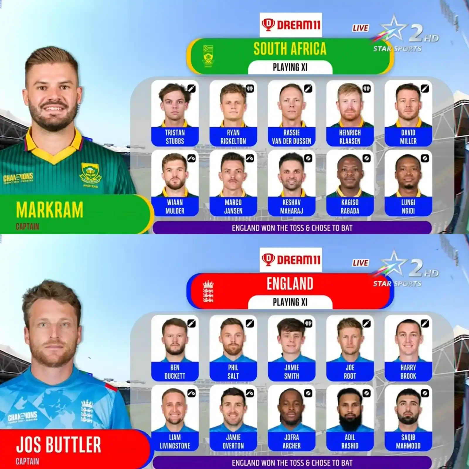 Image from Star Sports India: *England have won the toss & opted to bat first! 🏏* 🇿🇦: Stubbs an...