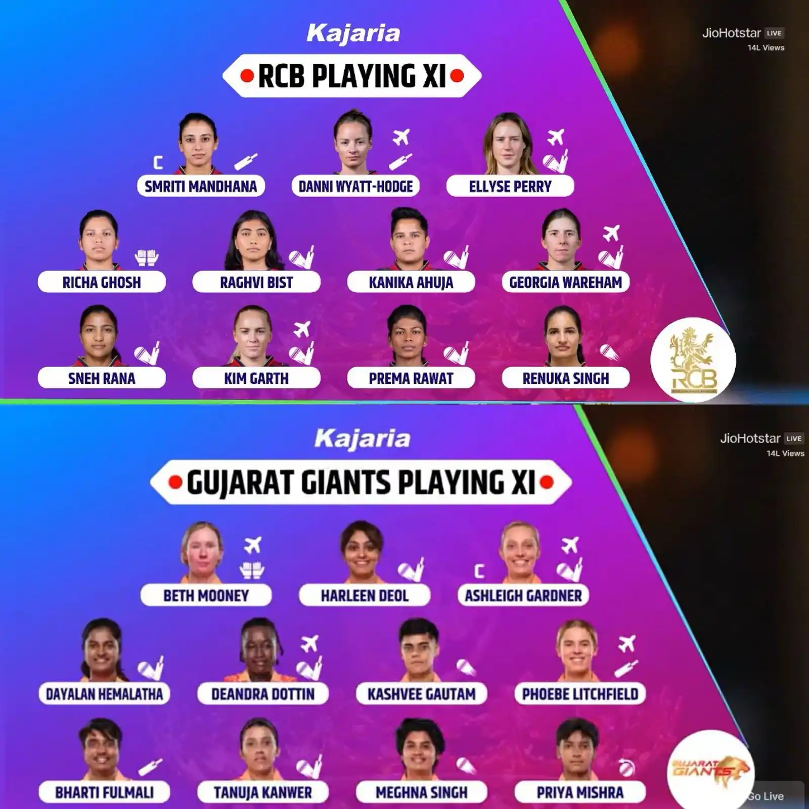 Image from Star Sports India: *Gujarat Giants have won the toss and has opted to bowl first! 🏏*  Wh...