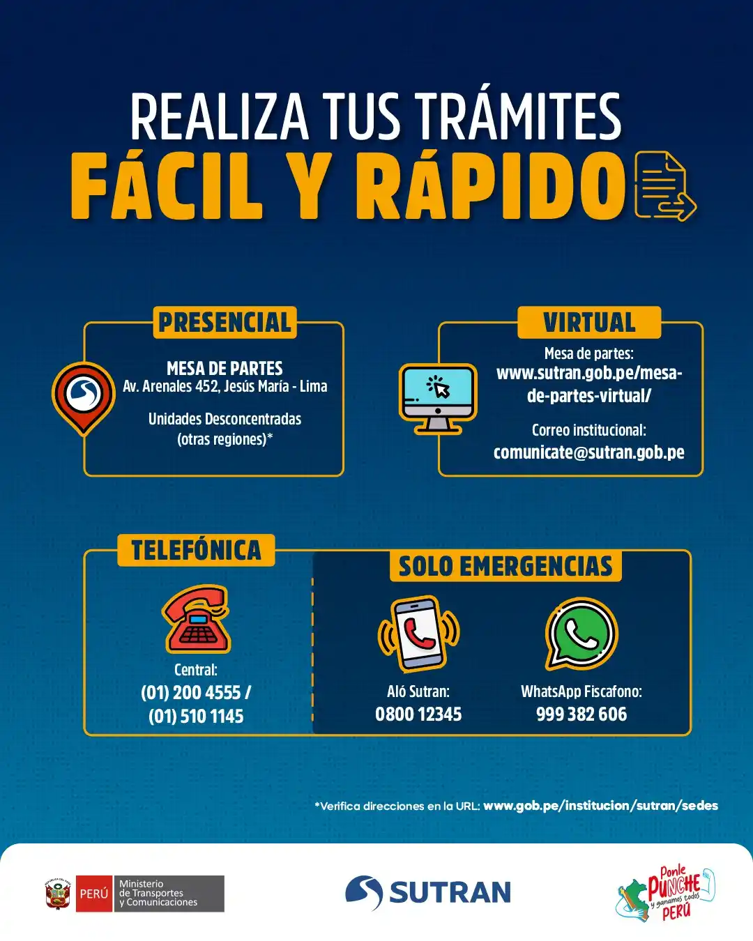 Image from Sutran Perú: 📲 ¿Tienes consultas, trámites pendientes o una emergencia en ruta? 📢...