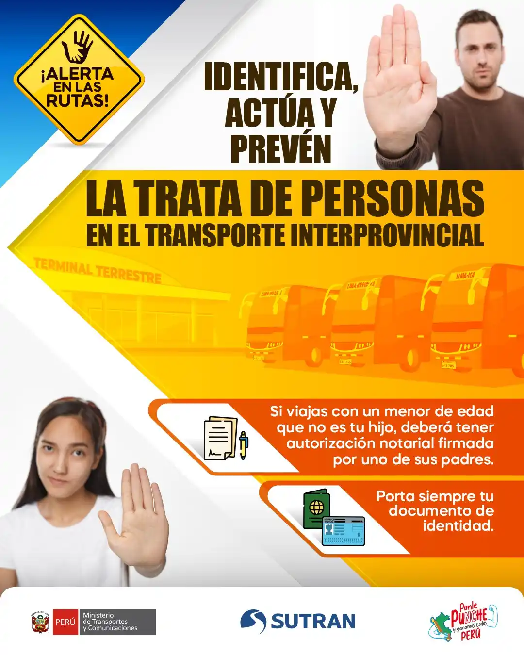 Image from Sutran Perú: 🚨 ¡Digamos NO a la trata de personas! 🙅♂️🚍 Al viajar, mantente ate...