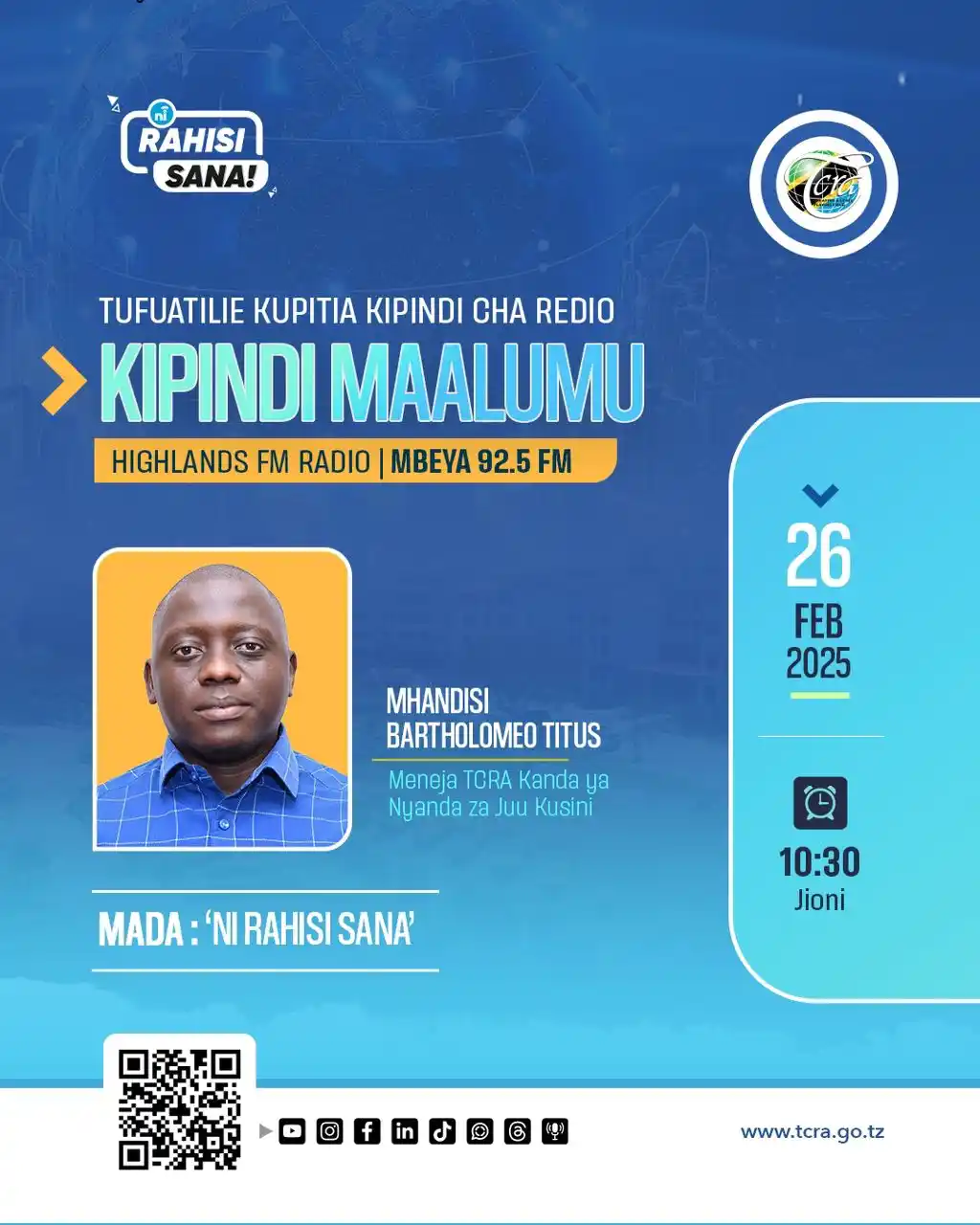Image from TCRA TANZANIA: 📌TCRA MUBASHARA KUPITIA HIGHLANDS FM 📻 -92.5 MBEYA🔥<a class="text-b...