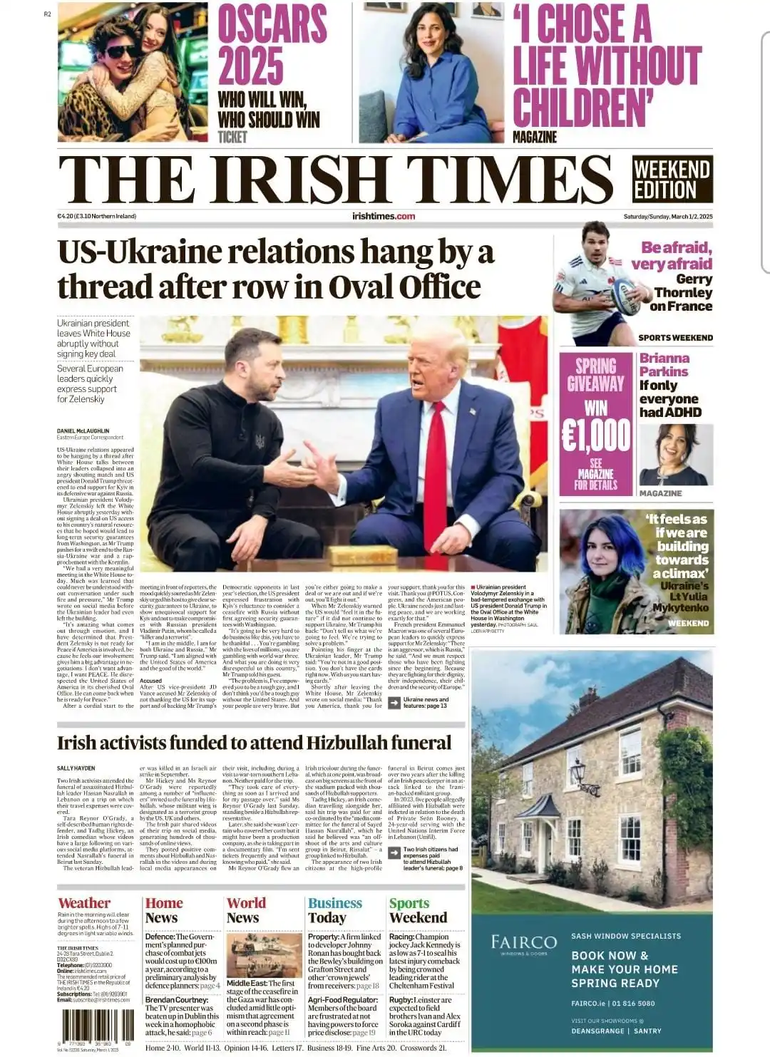 Image from The Irish Times: *Today’s front page stories:* 👉 US-Ukraine relations hang by a threa...