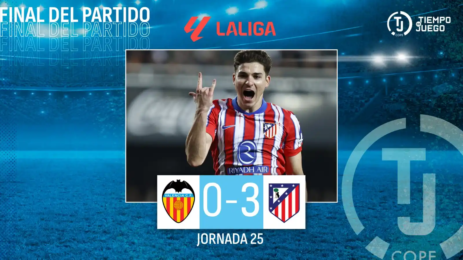 Image from Tiempo de Juego COPE: 💥 ¡FINAL! Victoria del Atleti en Mestalla 👉🏽 VALENCIA 0 - 3 ATLETI ...