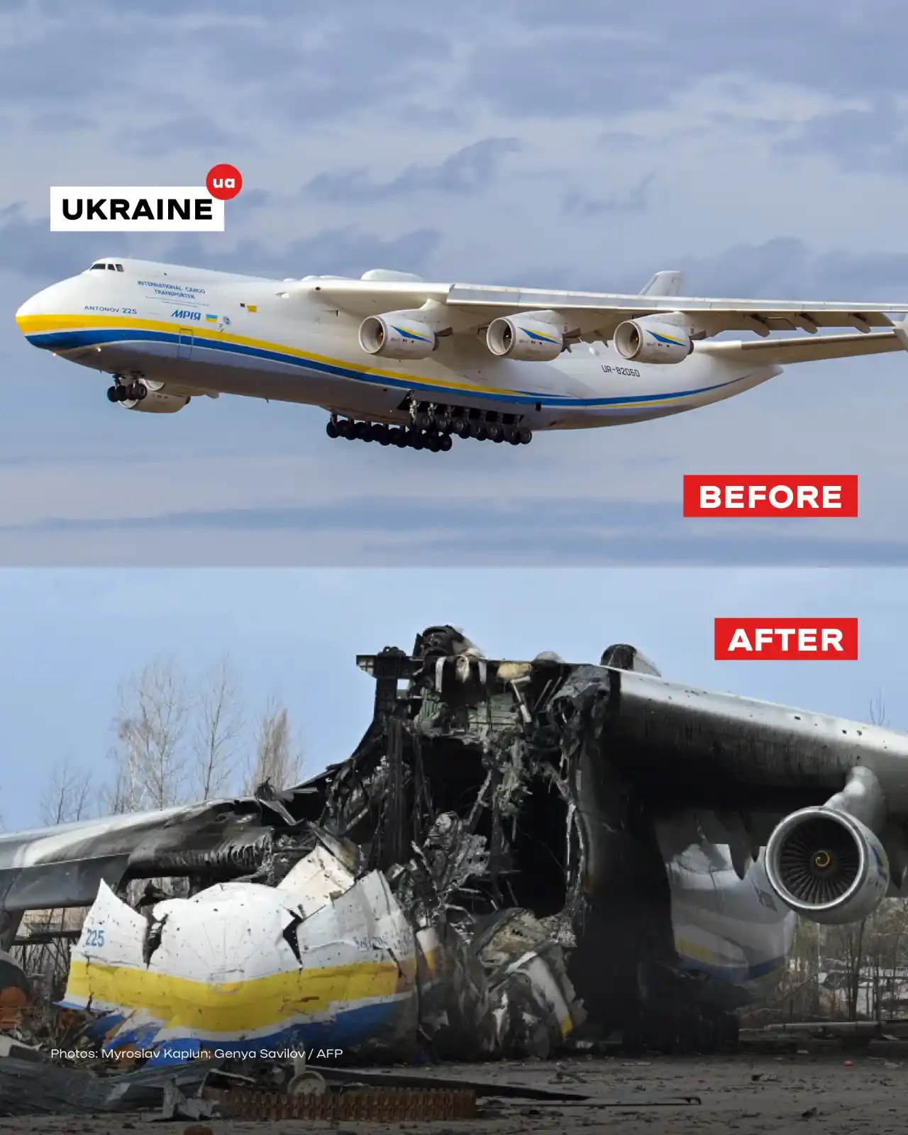 Image from Ukraine.ua: On 27 February 2022, Russian forces destroyed the Antonov An-225 Mriia...