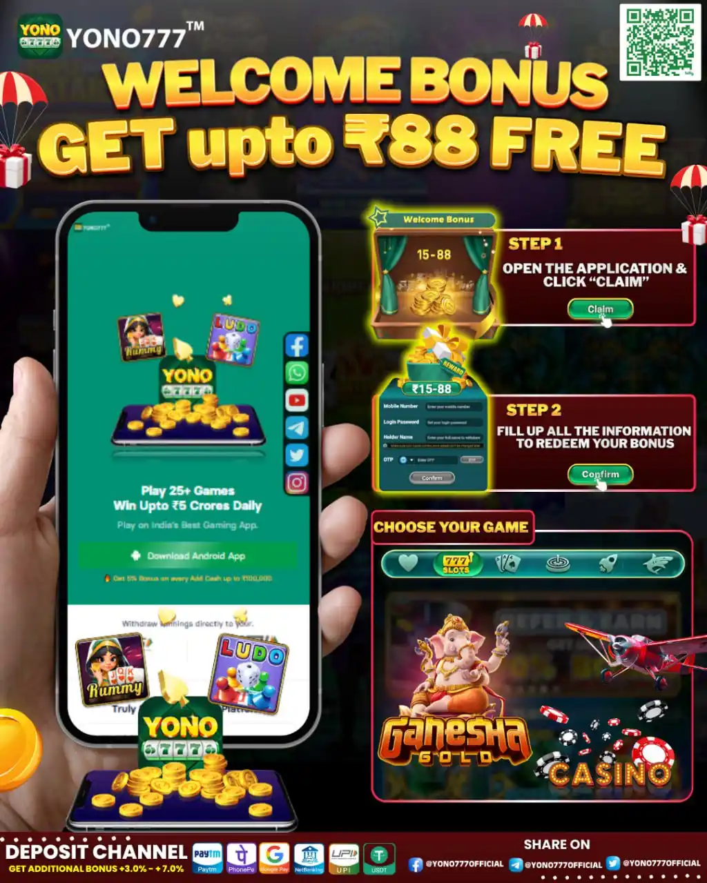 Image from YONO777: 💯GET upto ₹88 FREE BONUS🤑  Excited to get started with your FREE wel...