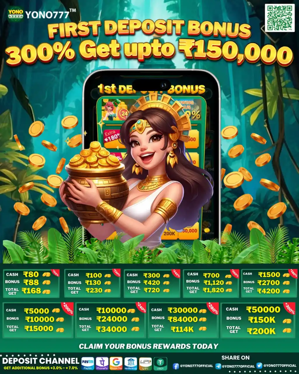 Image from YONO777: Limited offer First Deposit Bonus starts at💛80 and you can GET +💛110...