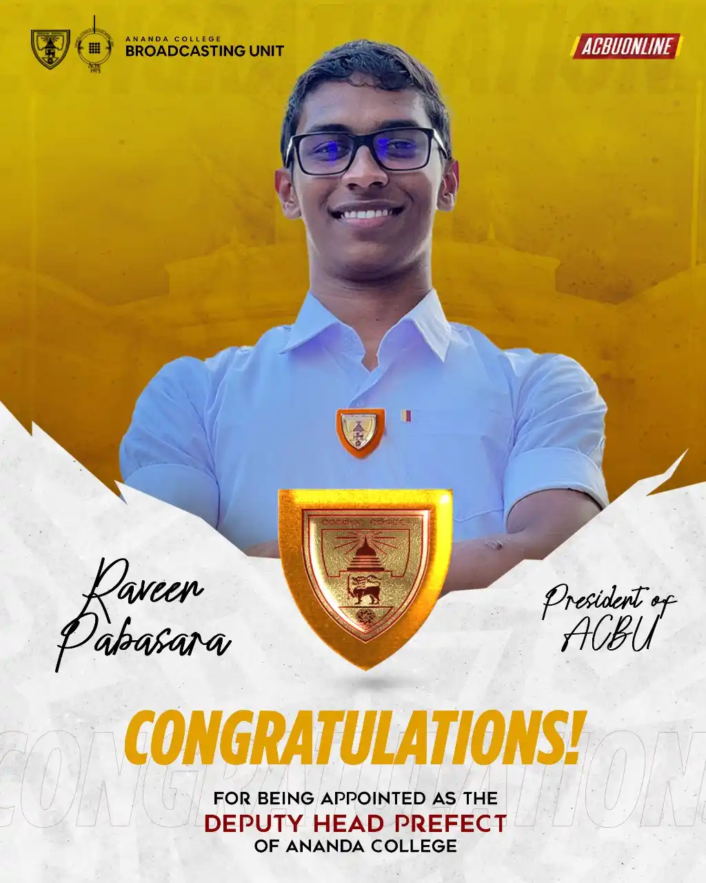 Image from ACBU Online: Heartfelt congratulations to Raveen Pabasara, President of Ananda Coll...