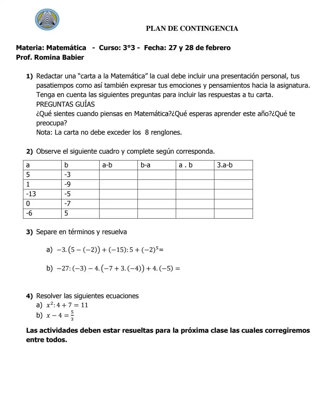 AVISOS PARA PADRES de tercer año  ENSGSM TURNO TARDE post