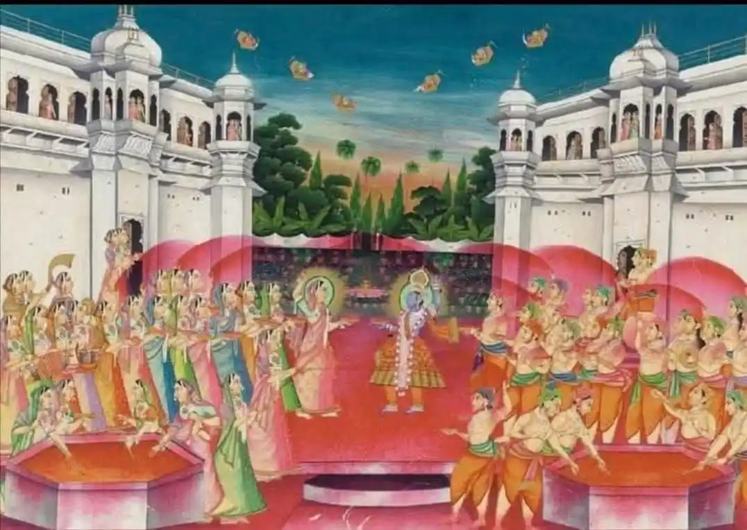 Image from ब्रजधाम दर्शन: खेलन आई रंगराती होरी बाल। साँवल गोरी लै-लै दौरी, भर-भर मुठी गुलाल॥ इत...