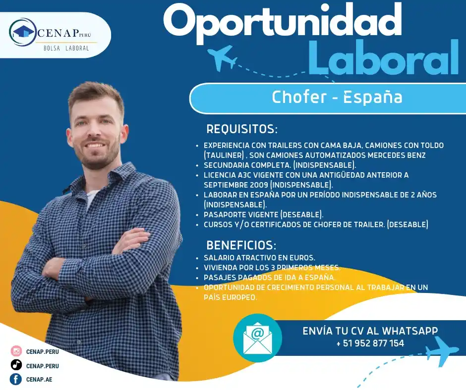 Image from Cenap Perú - Bolsa Laboral: 📍Oportunidad Laboral - España 🇪🇸 🚘 Chofer 📲 Interesados enviar C...